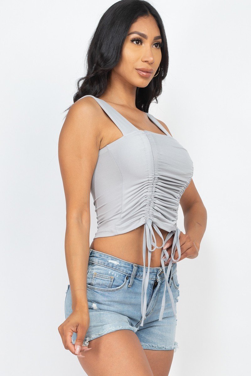 Adjustable Front Ruched With String Square Neck Crop Tops Grey - Kings Crown Jewel Boutique