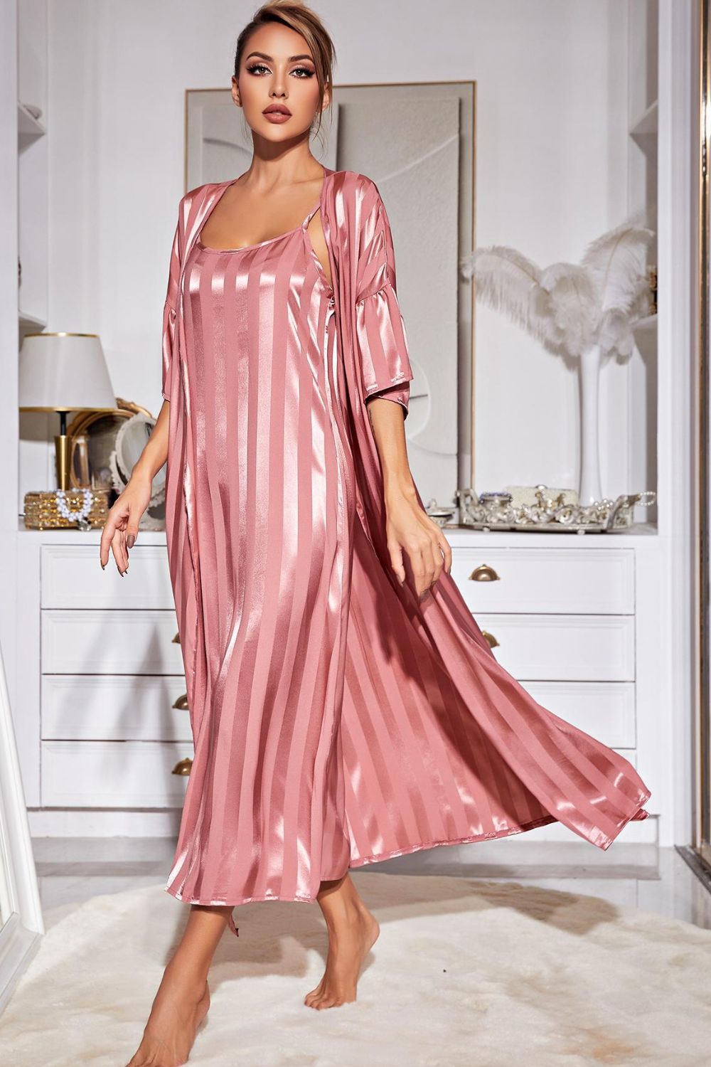 Striped Flounce Sleeve Open Front Robe and Cami Dress Set king-general-store-5710.myshopify.com