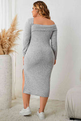 Plus Size Square Neck Long Sleeve Slit Dress king-general-store-5710.myshopify.com