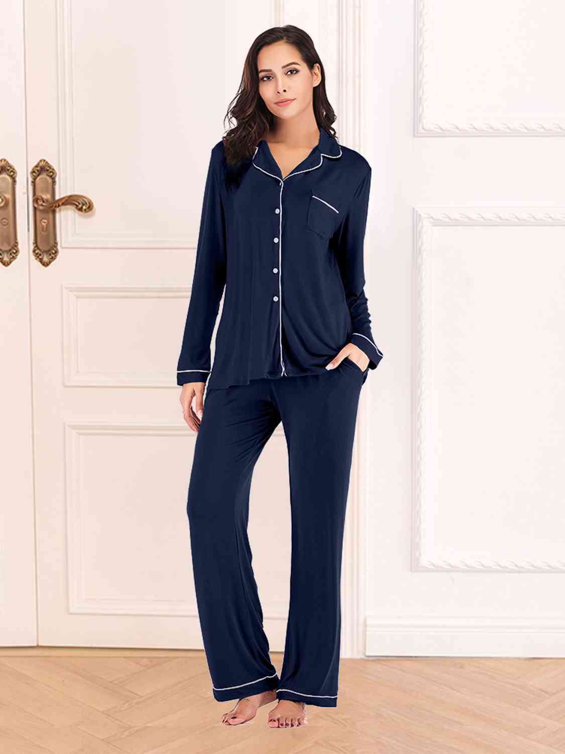 Collared Neck Long Sleeve Loungewear Set with Pockets king-general-store-5710.myshopify.com