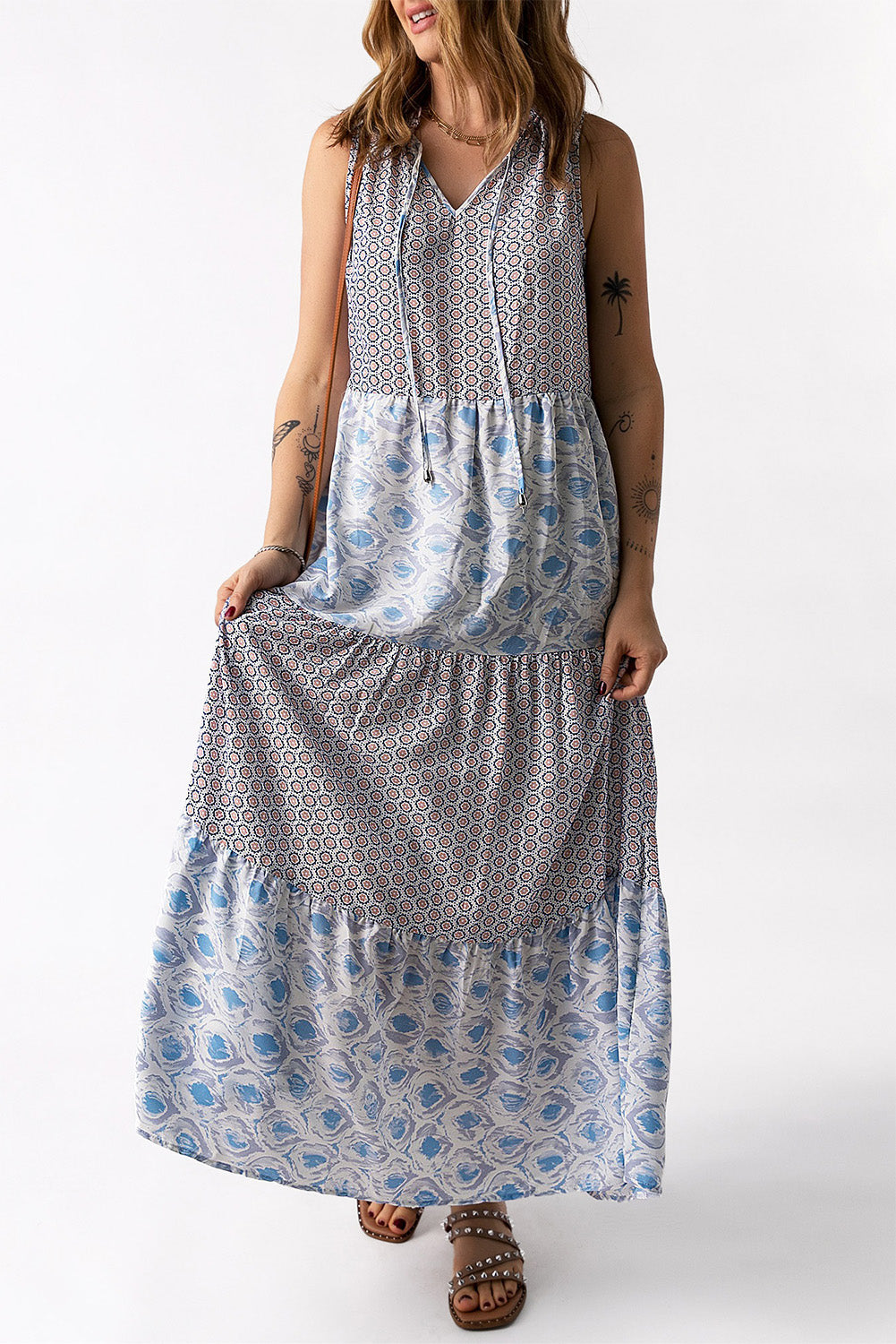 Mixed Print Tie-Neck Sleeveless Maxi Dress king-general-store-5710.myshopify.com