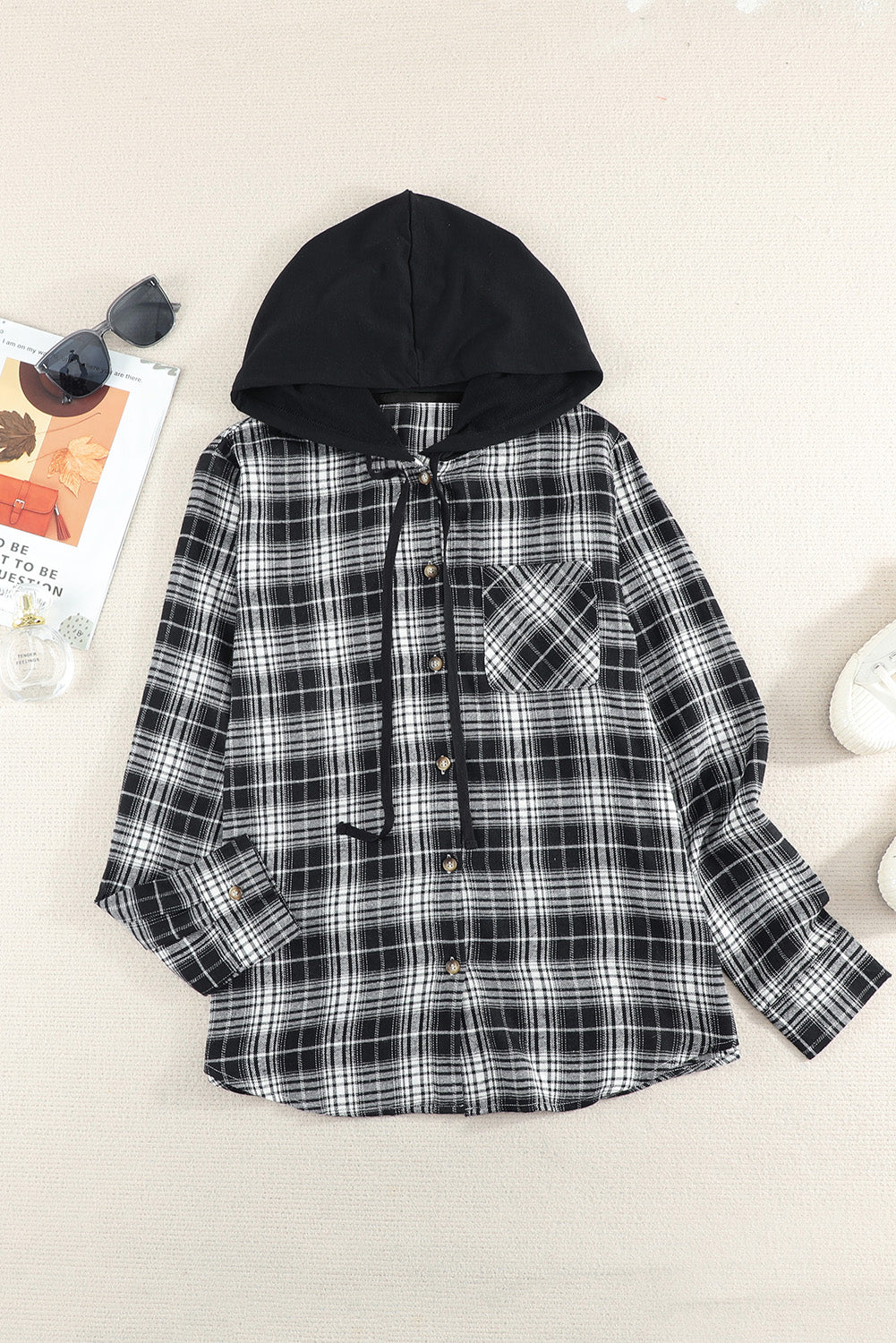 Plaid Drawstring Hooded Shirt Jacket king-general-store-5710.myshopify.com