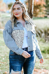 Plus Size Leopard Raw Hem Distressed Spliced Denim Jacket king-general-store-5710.myshopify.com