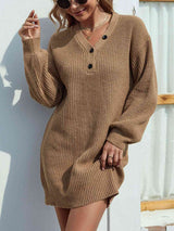 Buttoned V-Neck Sweater Dress king-general-store-5710.myshopify.com