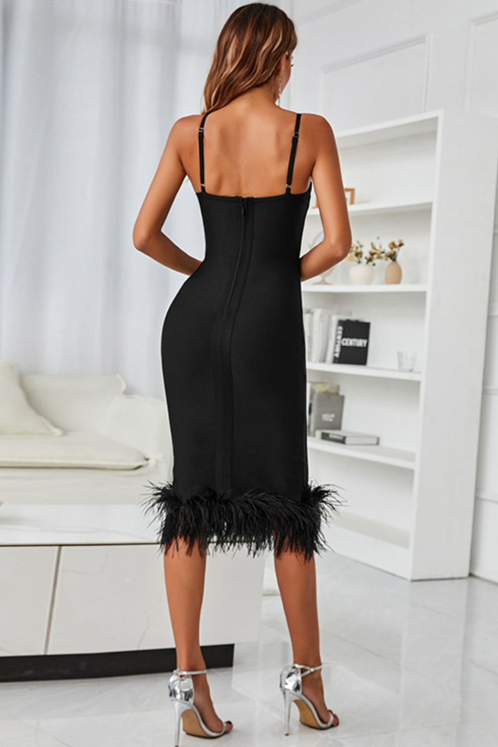 Spaghetti Strap Feather Trim Bodycon Dress king-general-store-5710.myshopify.com