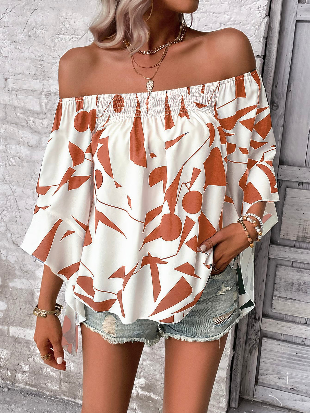 Printed Off-Shoulder Bell Sleeve Blouse king-general-store-5710.myshopify.com