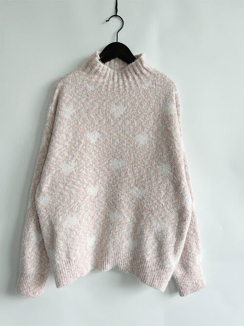 Heart Heathered Turtleneck Drop Shoulder Sweater king-general-store-5710.myshopify.com