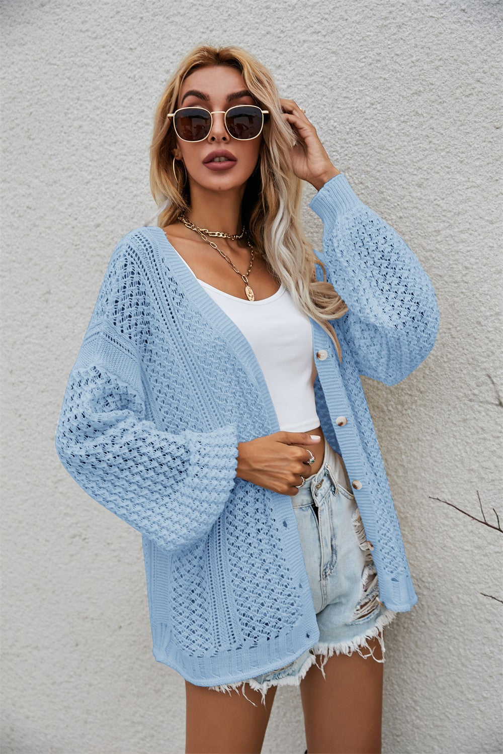 Openwork V-Neck Dropped Shoulder Cardigan king-general-store-5710.myshopify.com