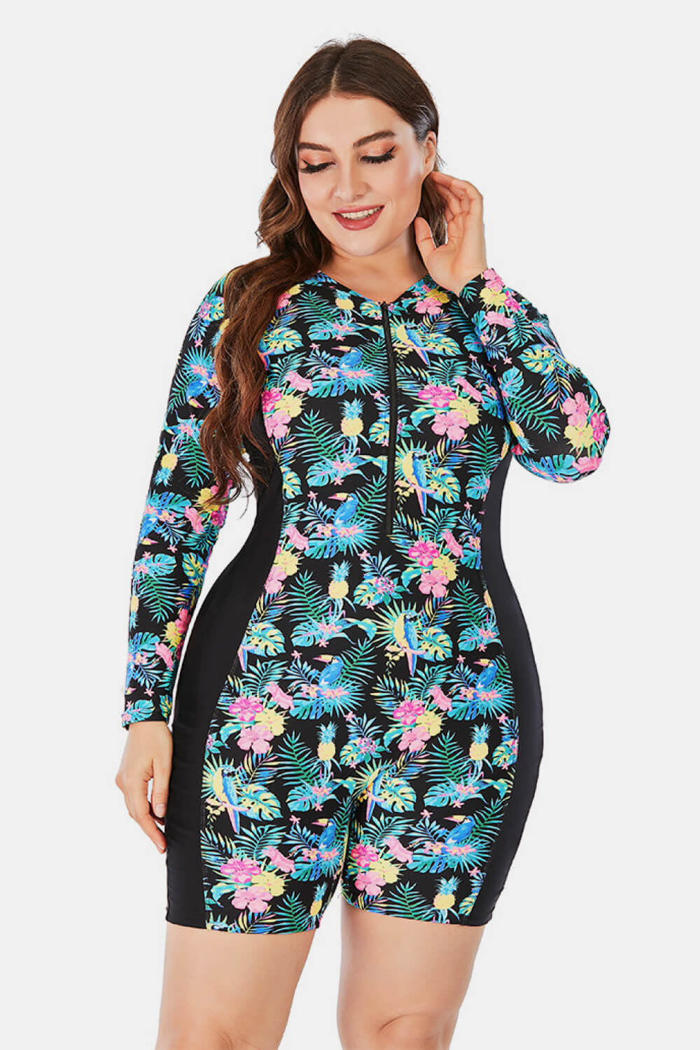 Plus Size Floral Zip Up  Long Sleeve Short Wetsuit king-general-store-5710.myshopify.com