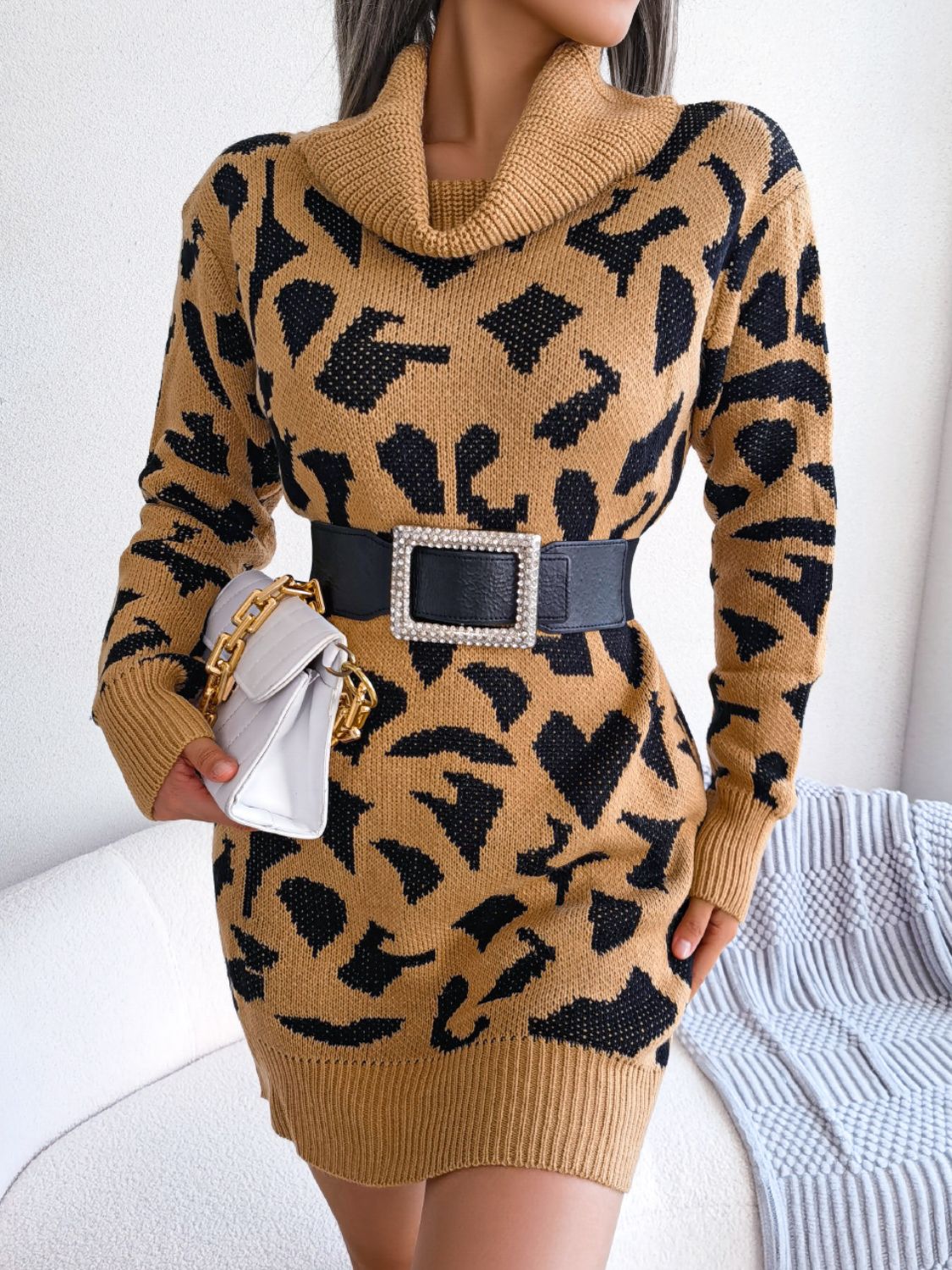 Animal Pattern Cowl Neck Mini Sweater Dress - Kings Crown Jewel Boutique