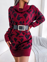 Animal Pattern Cowl Neck Mini Sweater Dress - Kings Crown Jewel Boutique