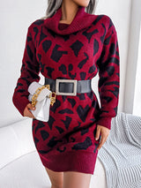 Animal Pattern Cowl Neck Mini Sweater Dress - Kings Crown Jewel Boutique