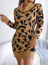 Animal Pattern Cowl Neck Mini Sweater Dress - Kings Crown Jewel Boutique