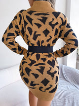 Animal Pattern Cowl Neck Mini Sweater Dress - Kings Crown Jewel Boutique