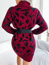 Animal Pattern Cowl Neck Mini Sweater Dress - Kings Crown Jewel Boutique