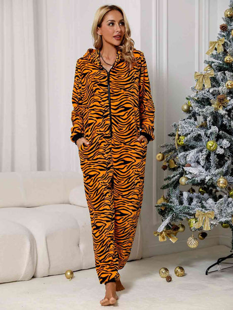 Animal Print Zip Front Lounge Jumpsuit with Pockets - Kings Crown Jewel Boutique