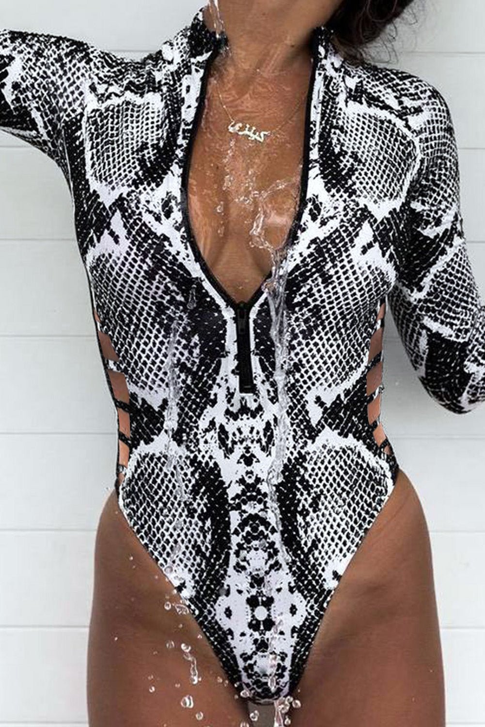 Animal Print Zipper Cut-Out Wetsuit - Kings Crown Jewel Boutique