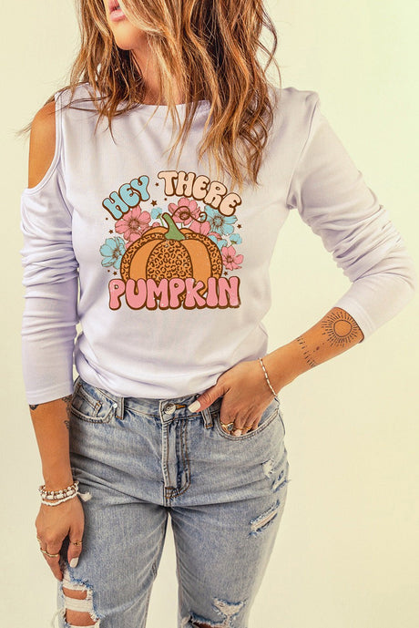 Asymmetrical HEY THERE PUMPKIN Graphic Cold Shoulder Tee - Kings Crown Jewel Boutique