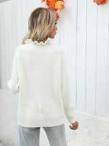 Button Detail Frill Neck Rib-Knit Sweater king-general-store-5710.myshopify.com