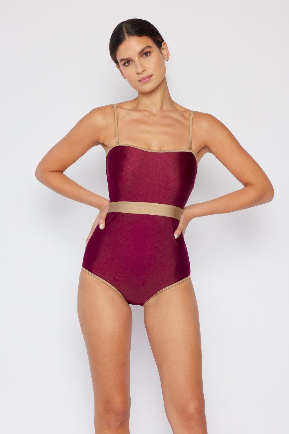 Marina West Swim Wave Break Contrast Trim One-Piece in Wine king-general-store-5710.myshopify.com