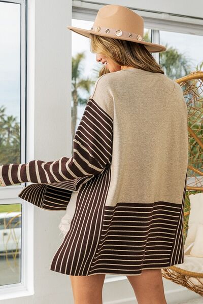 BiBi Striped Contrast Long Sleeve Slit Top king-general-store-5710.myshopify.com