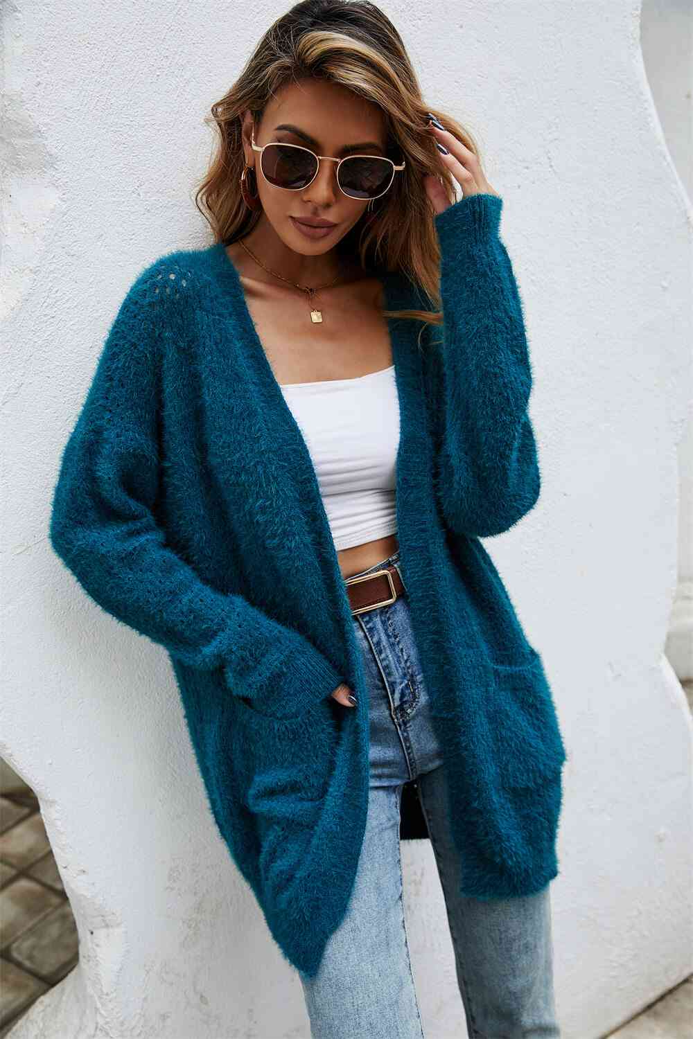 Open Front Openwork Fuzzy Cardigan with Pockets king-general-store-5710.myshopify.com