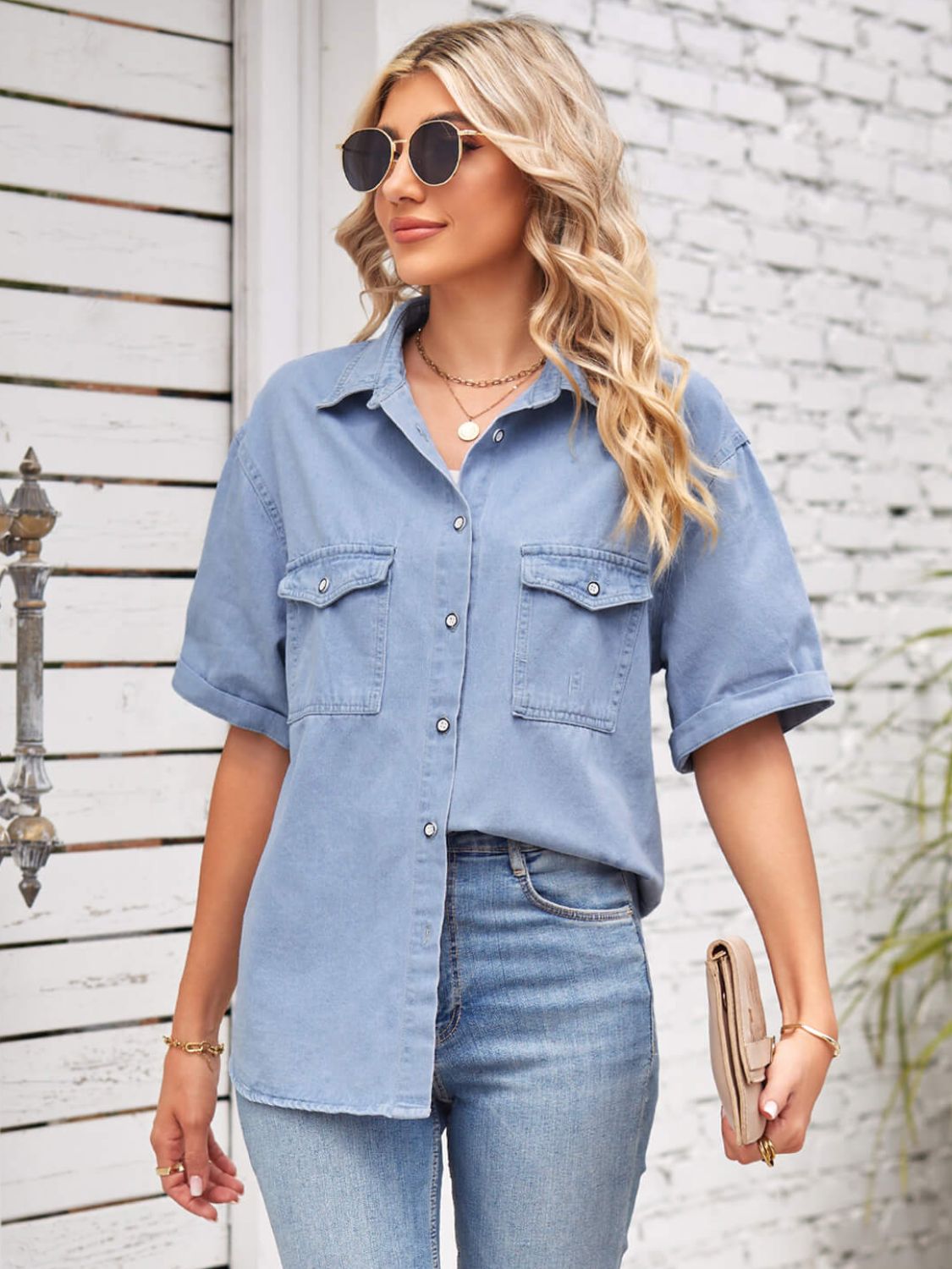 Collared Neck Short Sleeve Denim Jacket king-general-store-5710.myshopify.com