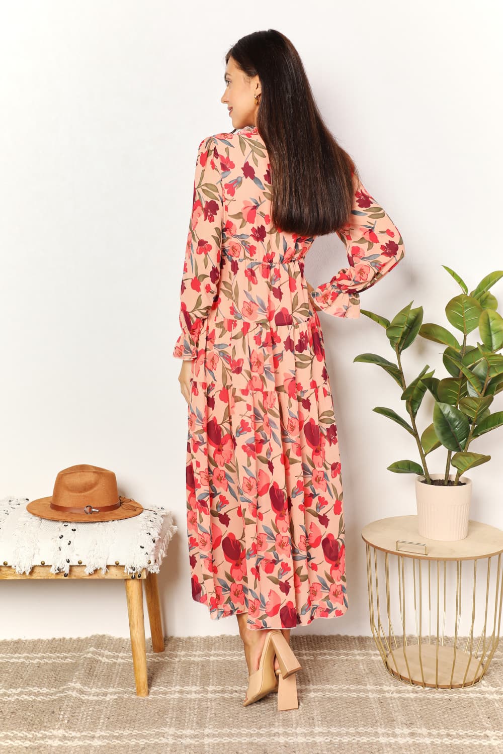 Double Take Floral Frill Trim Flounce Sleeve Plunge Maxi Dress king-general-store-5710.myshopify.com