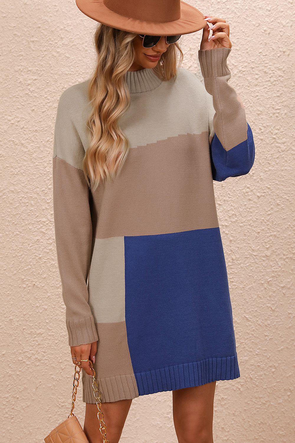 Color Block Mock Neck Dropped Shoulder Sweater Dress king-general-store-5710.myshopify.com