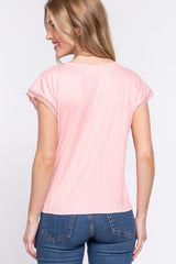 ACTIVE BASIC Lace Trim V-Neck Short Sleeve Ribbed Top king-general-store-5710.myshopify.com