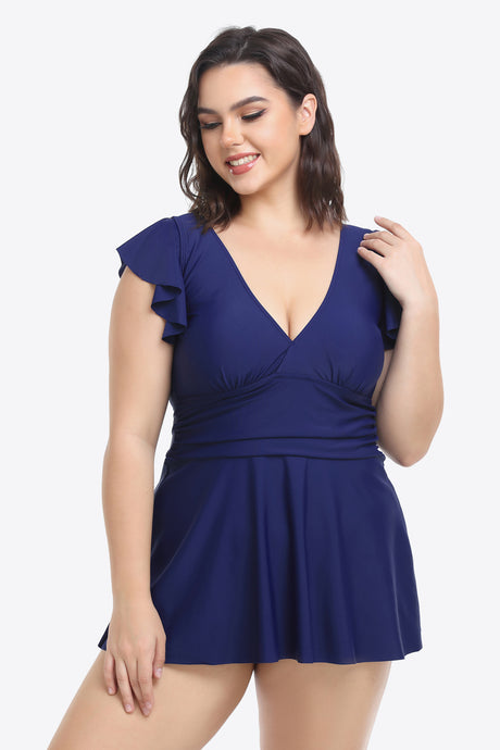 Plus Size Ruffled Plunge Swim Dress and Bottoms Set king-general-store-5710.myshopify.com