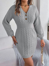 Buttoned Cable-Knit V-Neck Sweater Dress king-general-store-5710.myshopify.com