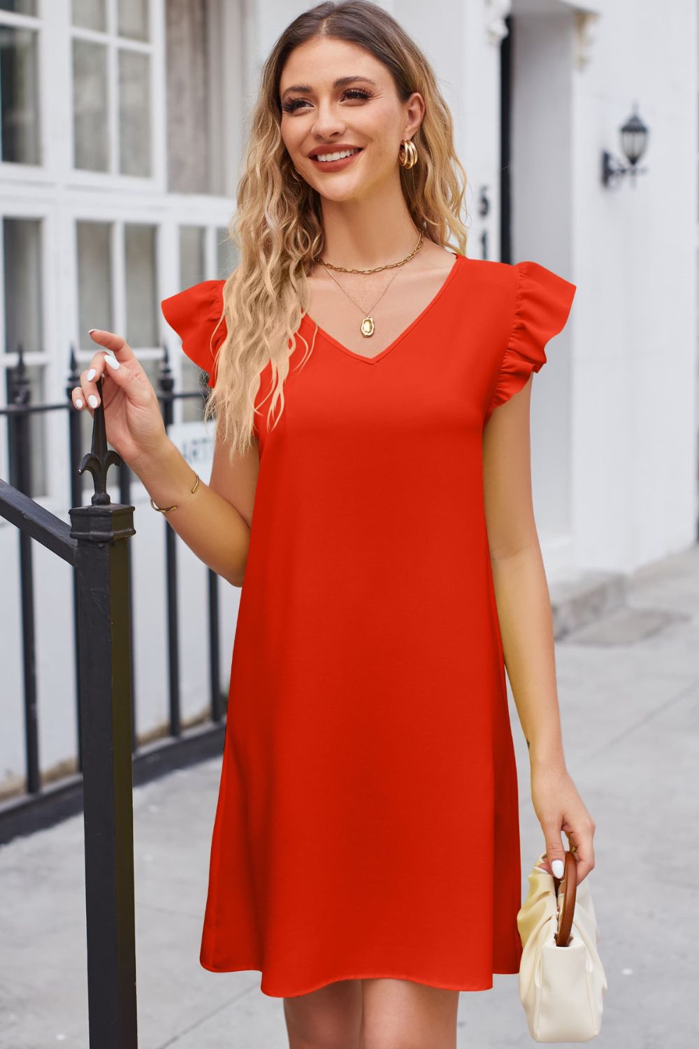 Ruffled V-Neck Flutter Sleeve Dress king-general-store-5710.myshopify.com