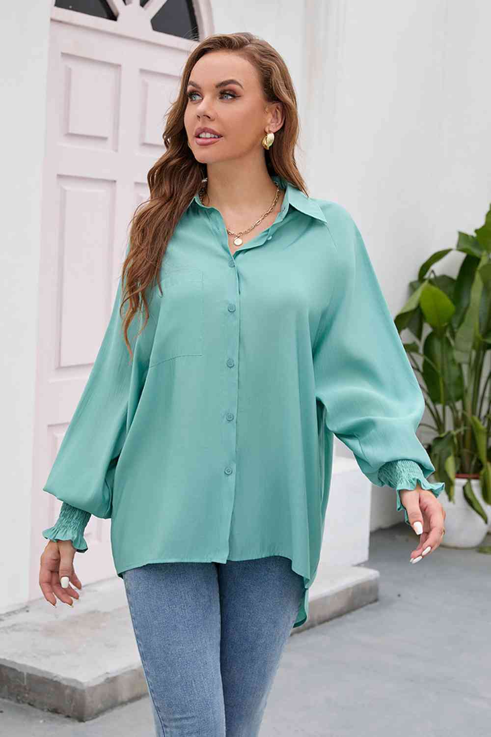 High-Low Collared Neck Lantern Sleeve Shirt king-general-store-5710.myshopify.com