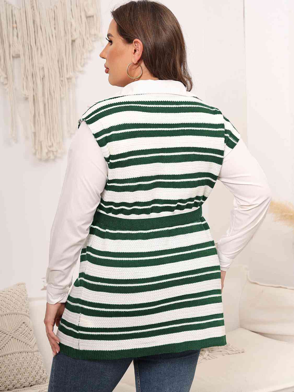 Plus Size Striped Colared Neck Tied Front Sweater Vest king-general-store-5710.myshopify.com