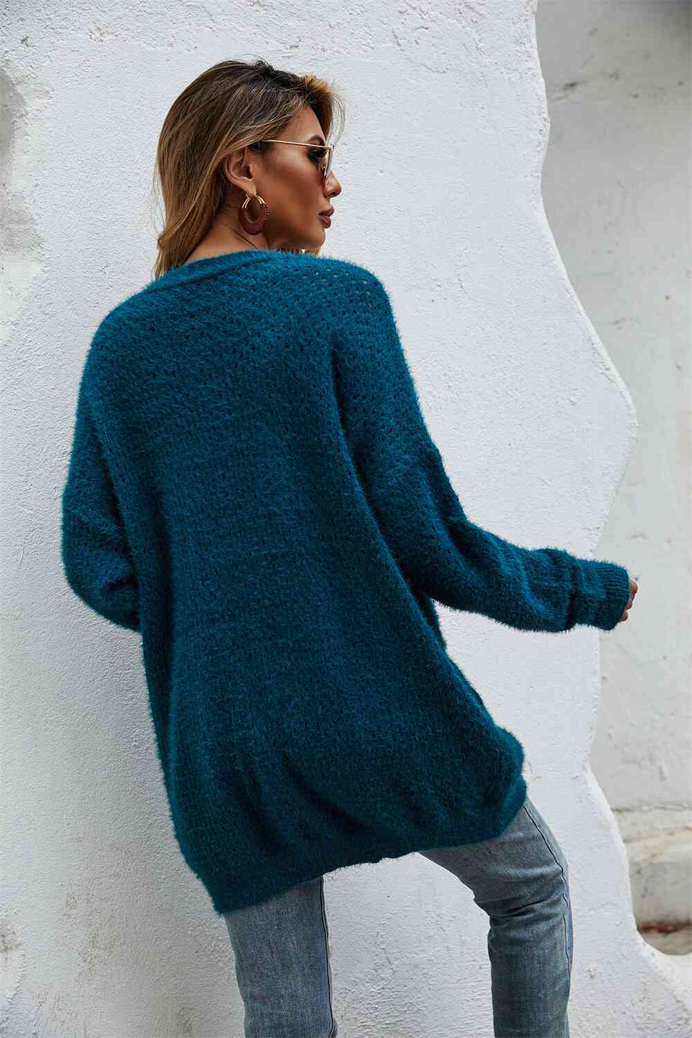 Open Front Openwork Fuzzy Cardigan with Pockets king-general-store-5710.myshopify.com