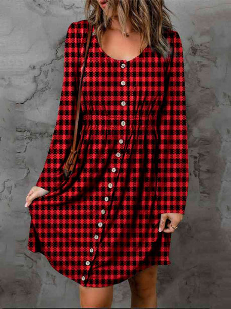 Double Take Full Size Plaid Round Neck Long Sleeve Magic Dress king-general-store-5710.myshopify.com