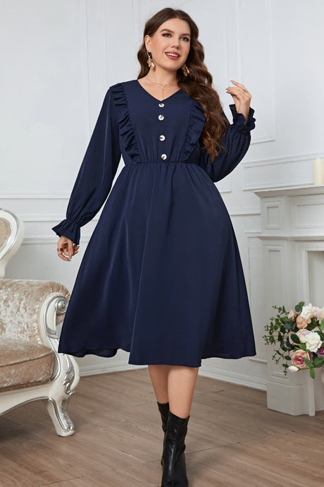 Plus Size V-Neck Buttoned Flounce Sleeve Dress king-general-store-5710.myshopify.com