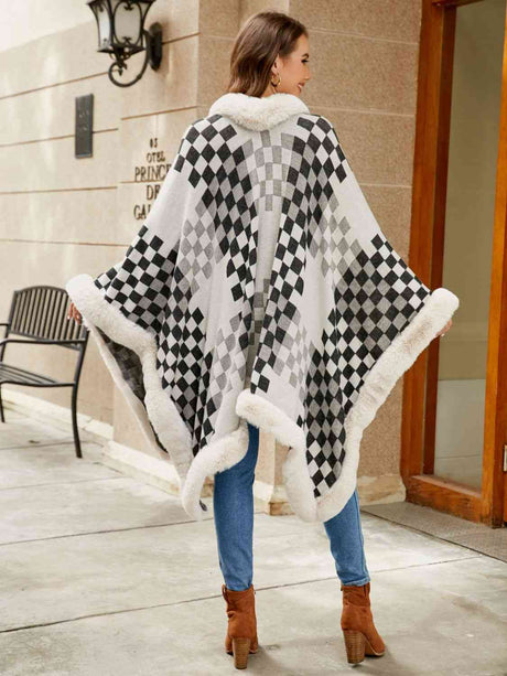 Checkered Faux Fur Trim Poncho king-general-store-5710.myshopify.com