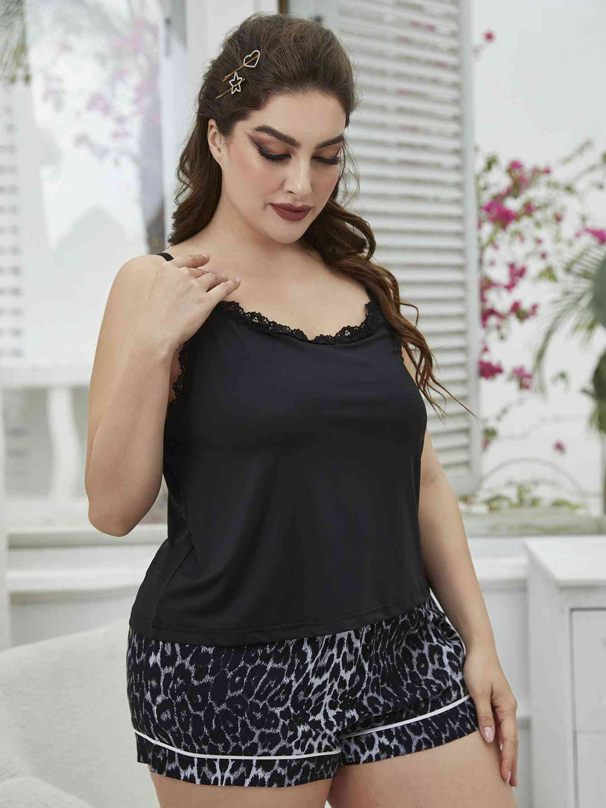 Plus Size Lace Trim Scoop Neck Cami and Printed Shorts Pajama Set king-general-store-5710.myshopify.com