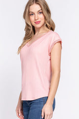 ACTIVE BASIC Lace Trim V-Neck Short Sleeve Ribbed Top king-general-store-5710.myshopify.com