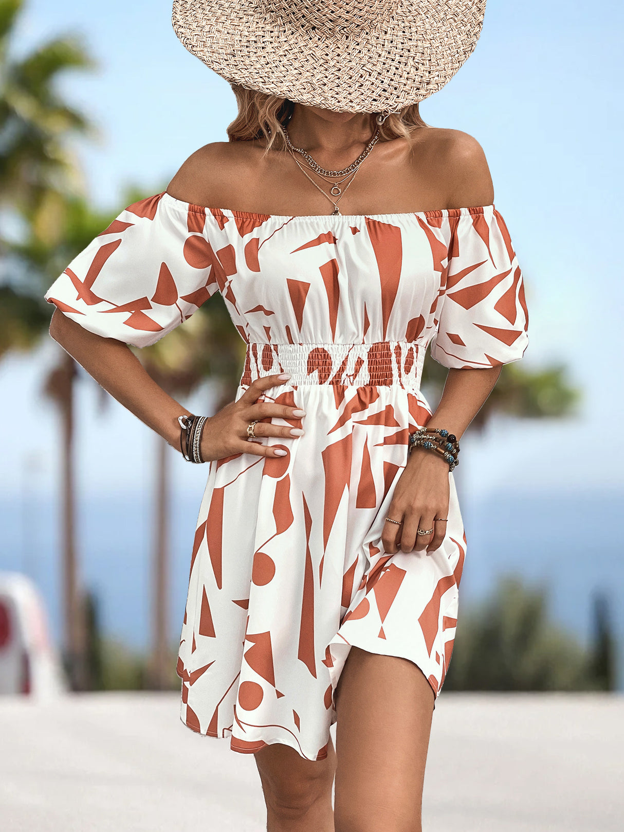 Printed Off-Shoulder Smocked Waist Dress king-general-store-5710.myshopify.com