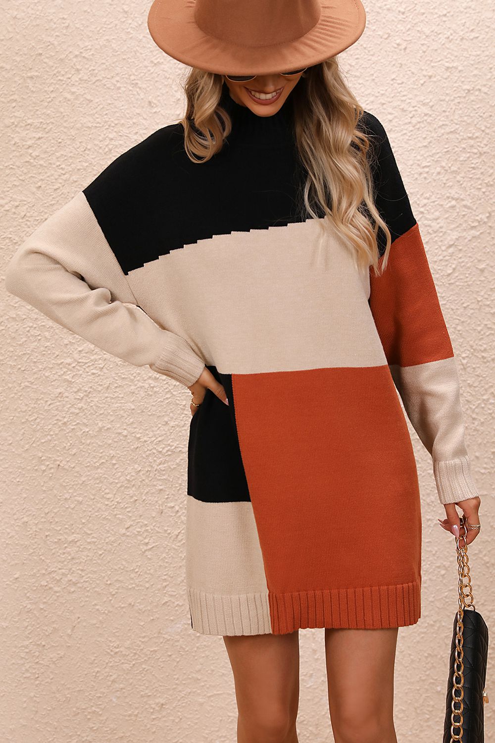 Color Block Mock Neck Dropped Shoulder Sweater Dress king-general-store-5710.myshopify.com