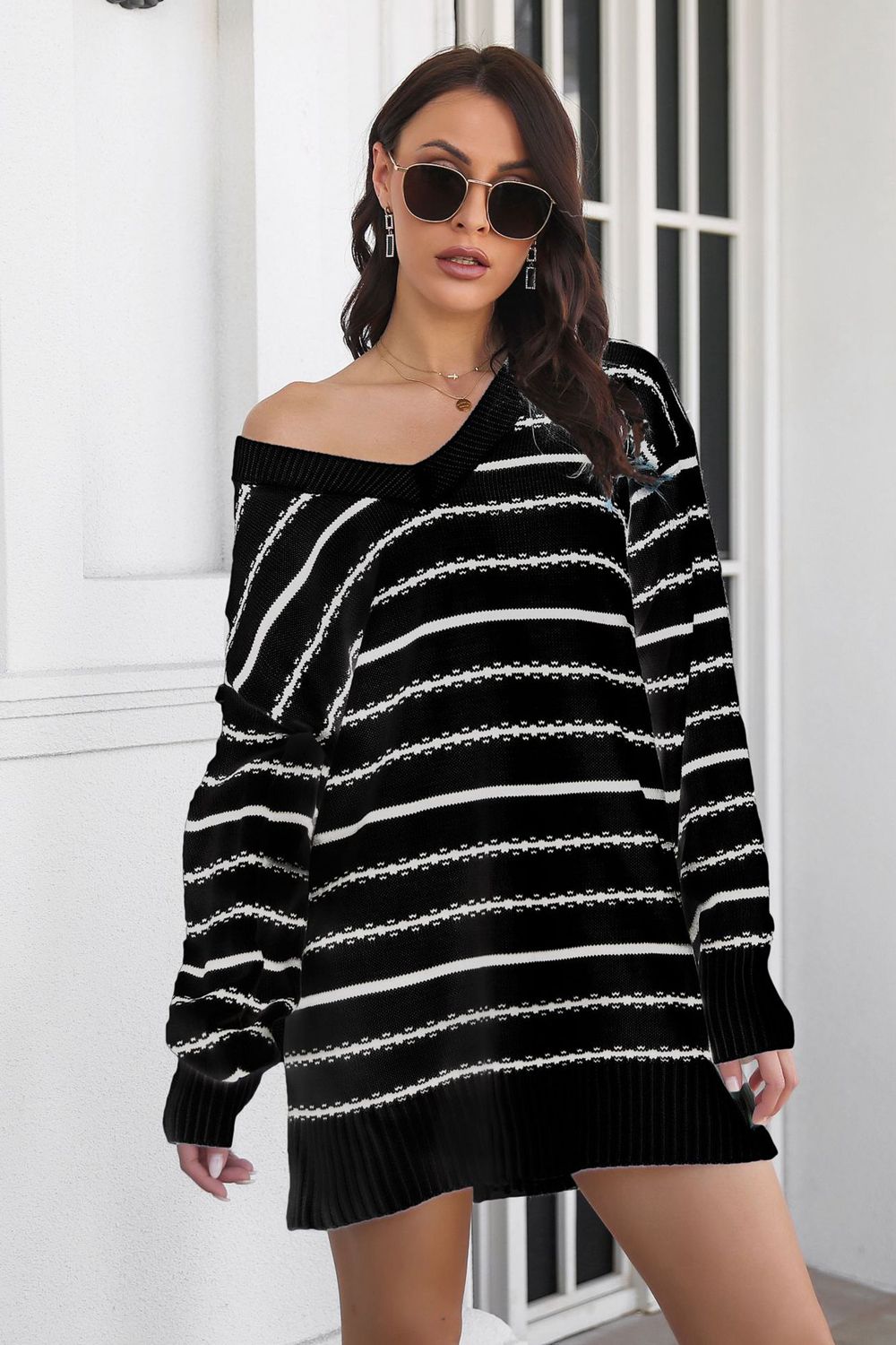 Striped V-Neck Sweater Dress king-general-store-5710.myshopify.com