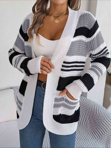 Striped Open Front Long Sleeve Cardigan king-general-store-5710.myshopify.com