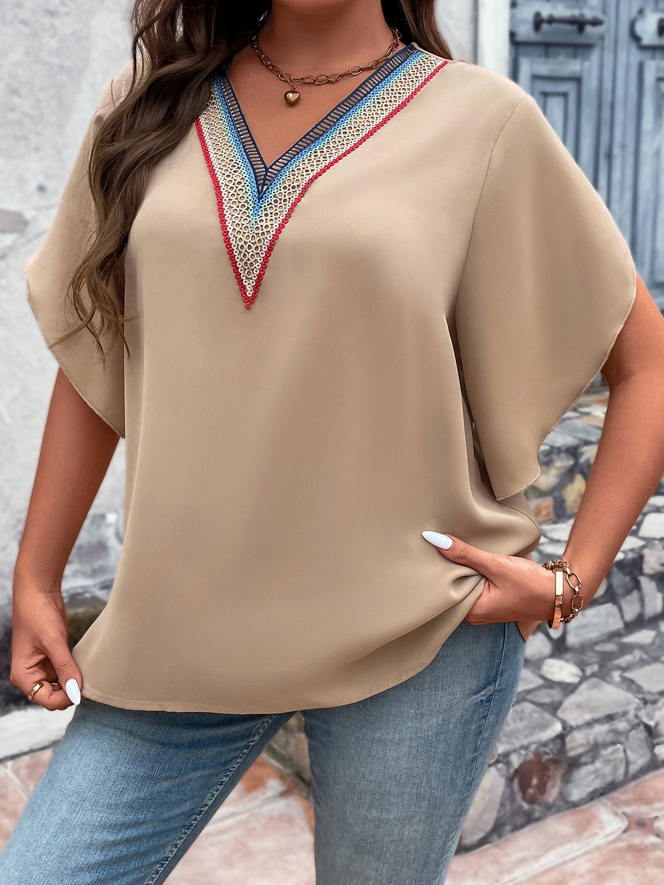 Plus Size V-Neck Flutter Sleeve Blouse king-general-store-5710.myshopify.com