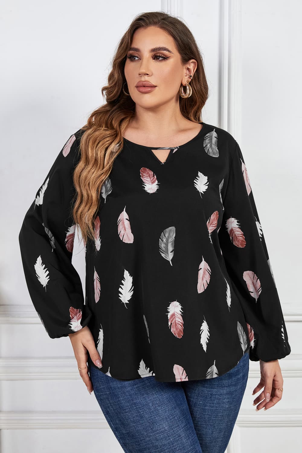 Plus Size Printed Round Neck Long Sleeve Cutout Blouse king-general-store-5710.myshopify.com