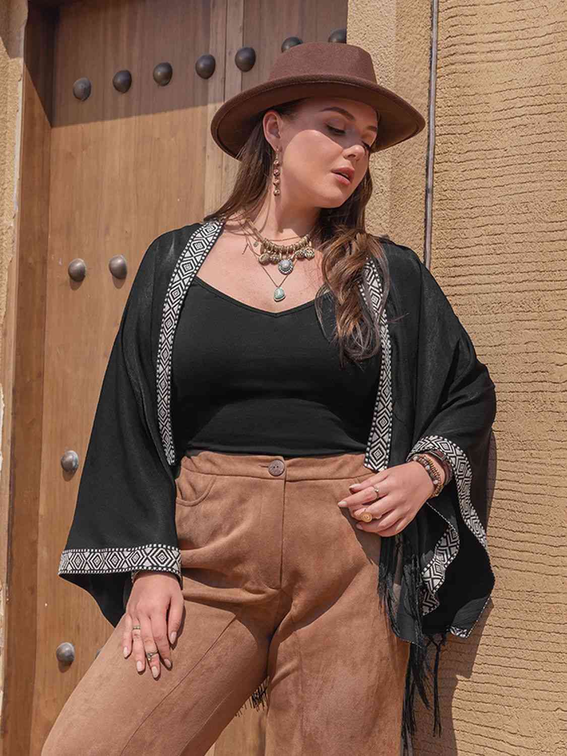 Plus Size Geometric Open Front Fringe Hem Cardigan king-general-store-5710.myshopify.com