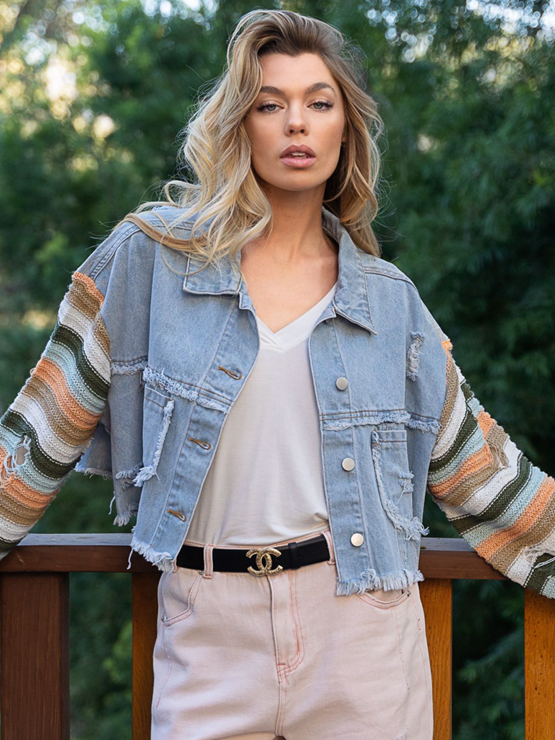 Distressed Striped Long Sleeve Denim Jacket king-general-store-5710.myshopify.com