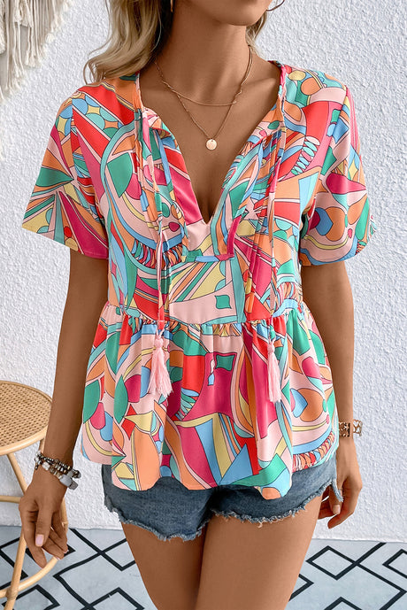 Printed Tie Neck Short Sleeve Blouse king-general-store-5710.myshopify.com